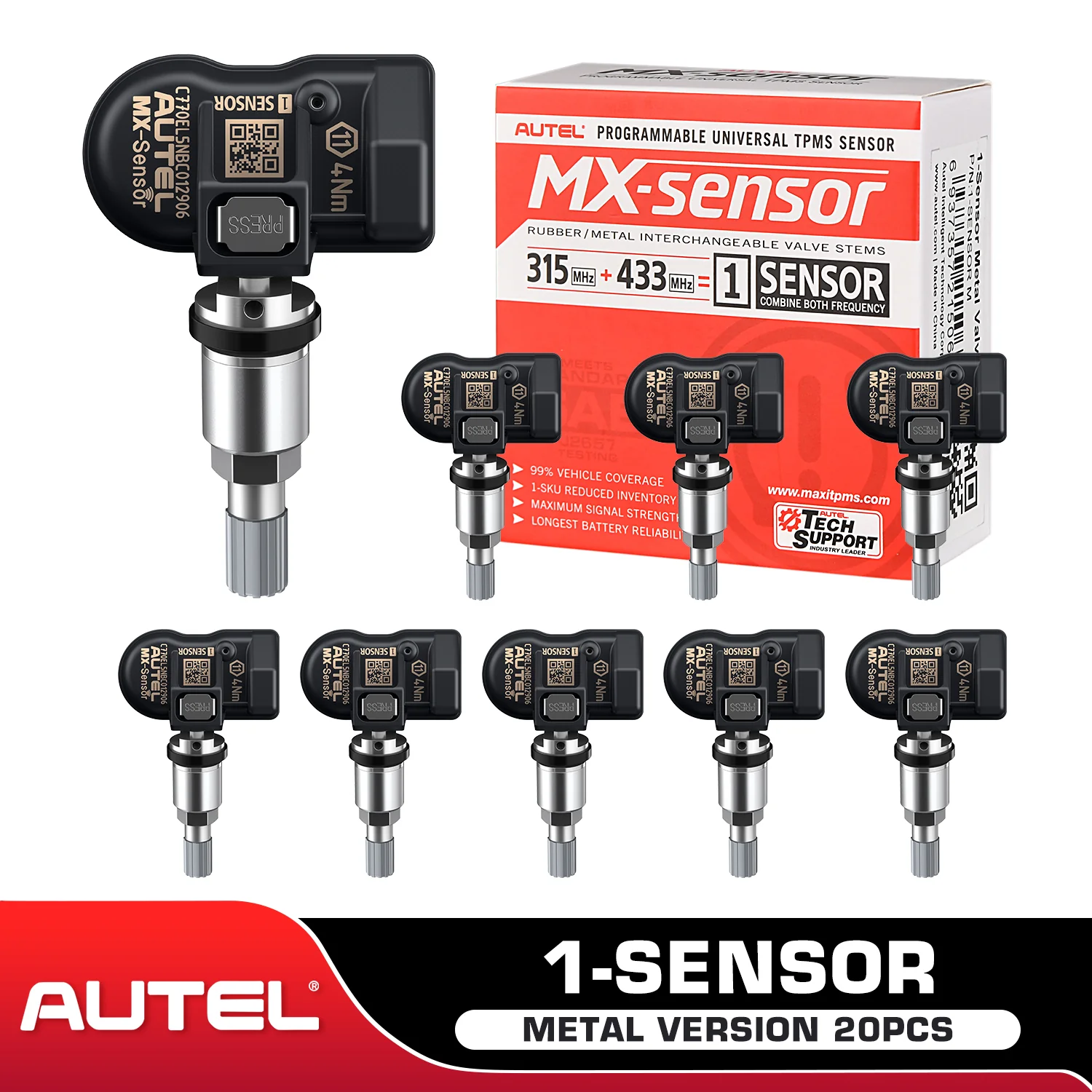 Autel MX-Sensor 20 Pack 1-Sensor 2 in 1 (315MHz + 433MHz) 100% Cloneable TPMS Programmable Sensors (Metal Version)