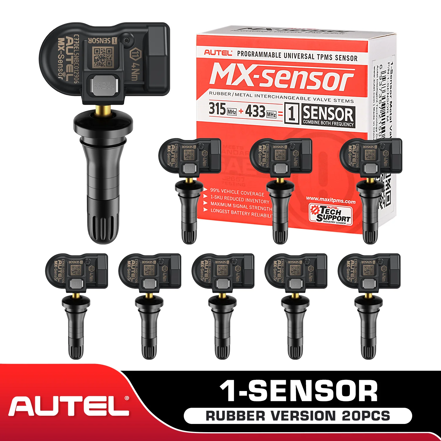 Autel MX-Sensor 20 Pack 1-Sensor 2 in 1  (315MHz + 433MHz) 100% Cloneable TPMS Programmable Sensors (Rubber Version)