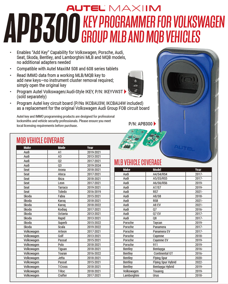 Autel APB300 Key Programmer For Volkswagen Group MLB and MQB Vehicles, Compatible with Autel MaxiIM IM508, IM508S, IM608, IM608S II, IM608 PRO II tablets - Image 2