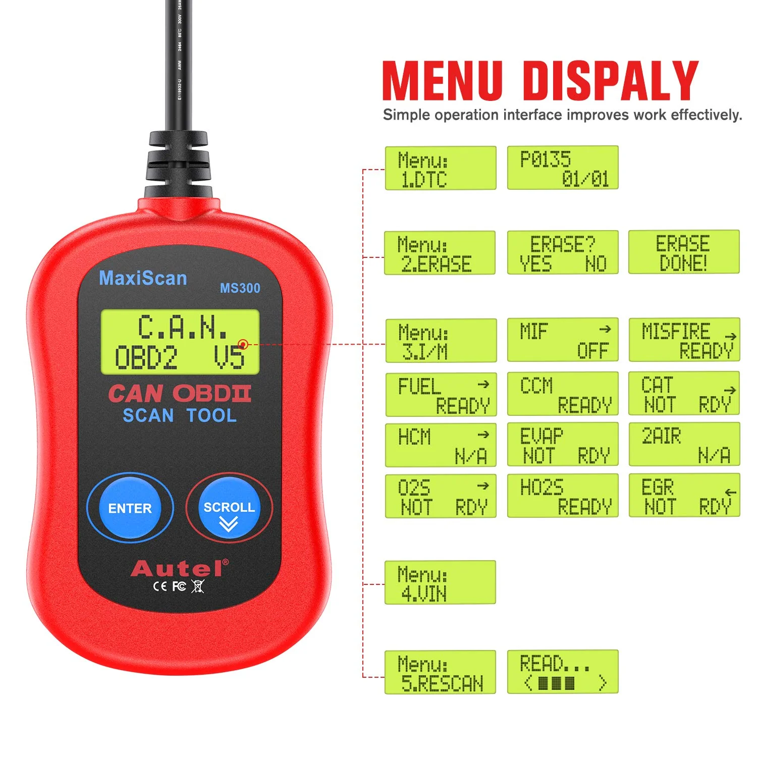 Autel MaxiScan MS300 OBD2 Code Reader/Scanner, Turn Off Engine Light, Read/ Erase Fault Codes, Check Emission Monitor Status - Image 3