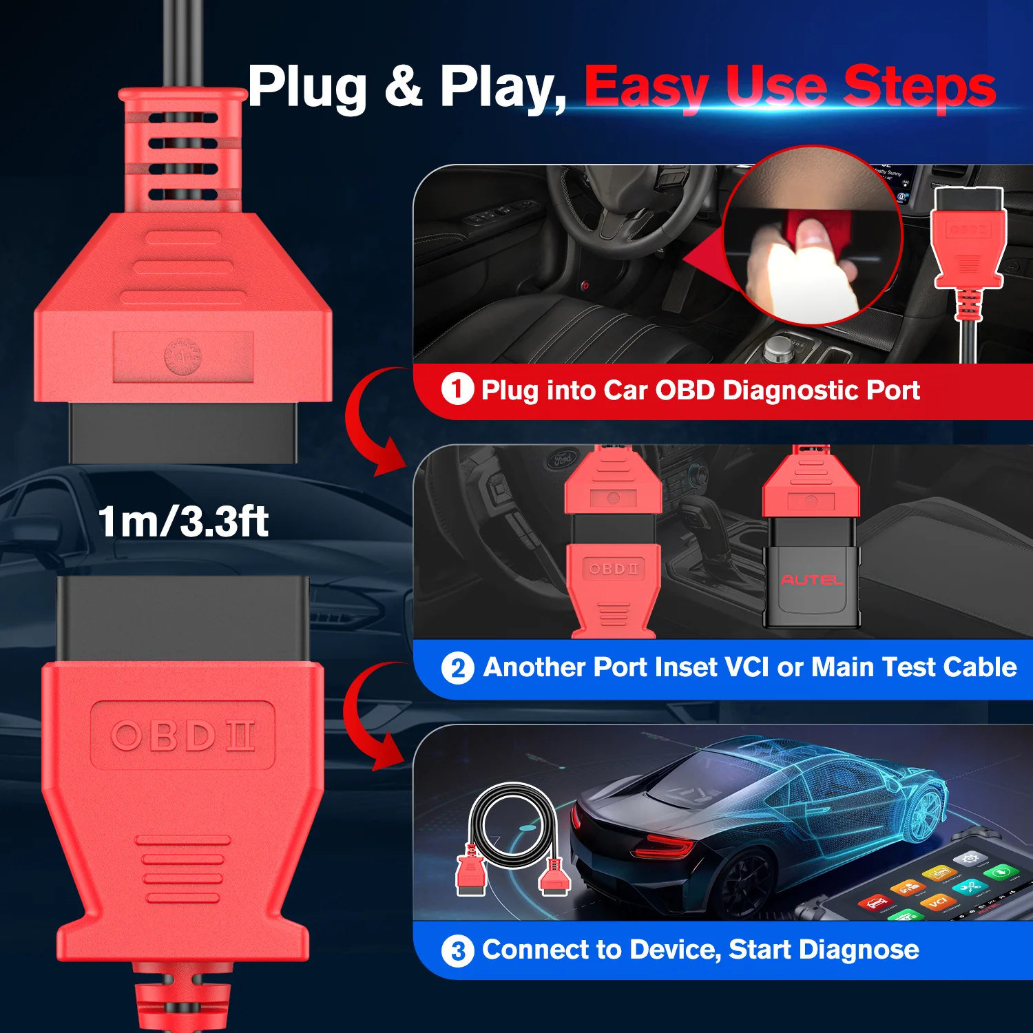 Autel OBD2 Extension Cable 1m/3.3ft, Full 16 Pin Male to Female OBDII Diagnostic Extension Cord Adapter for All OBD2 Vehicles - Image 3