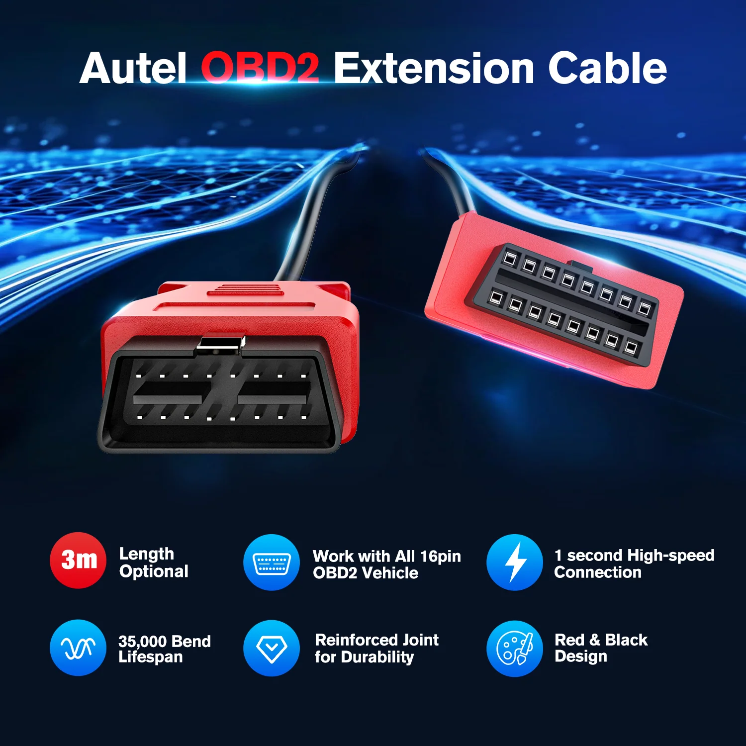 Autel OBD2 Extension Cable 3m/10ft, Full 16 Pin Male to Female OBDII Diagnostic Extension Cord Adapter for All OBD2 Vehicles - Image 2