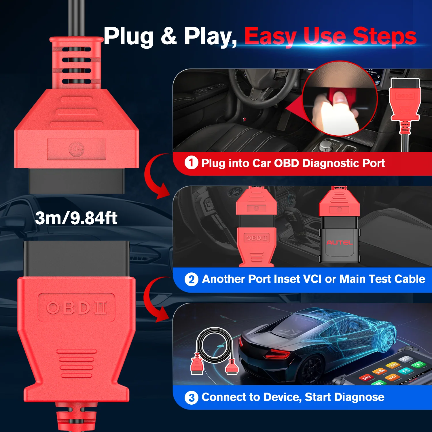 Autel OBD2 Extension Cable 3m/10ft, Full 16 Pin Male to Female OBDII Diagnostic Extension Cord Adapter for All OBD2 Vehicles - Image 3