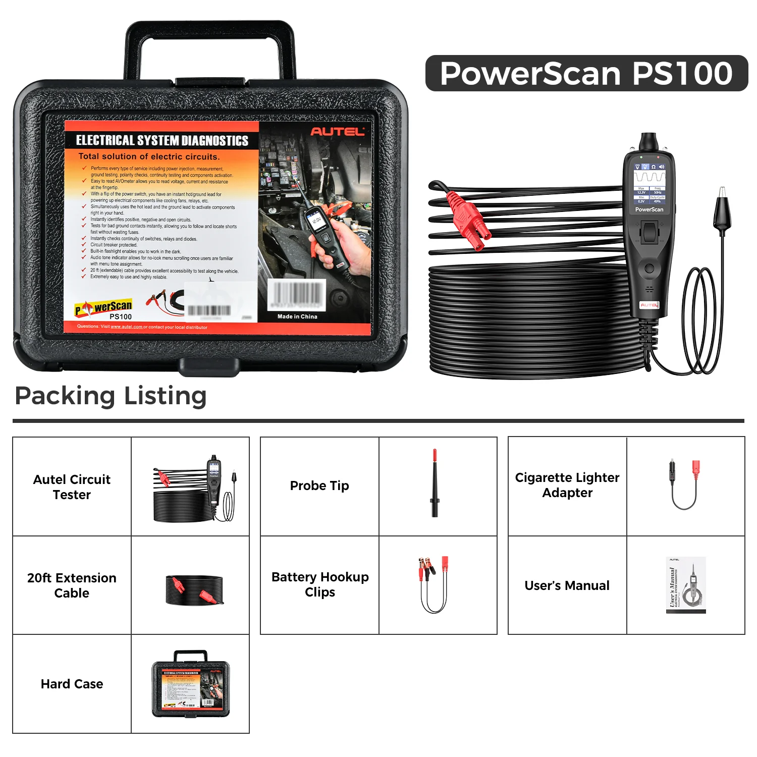 Autel PowerScan PS100 Circuit Tester Automotive Electrical System Diagnostic Scan tool - Black - Image 8